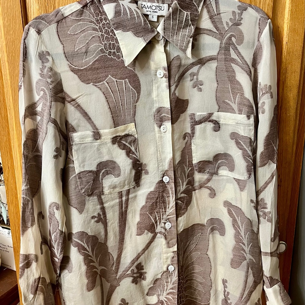 Tomotsu NY ivory and Brown Floral Shirt, pure silk, Vintage Rare find!!!!